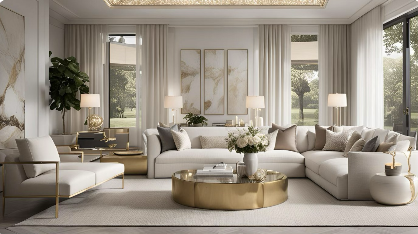 Luxury ivory living room with champagne gold tables, full-height sheer curtains and refined architectural detailing