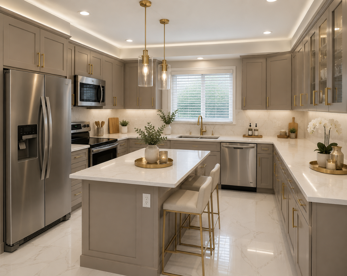 Completed Fort Lauderdale kitchen with gray cabinets, brass hardware, white marble island, pendant lights and stainless appliances