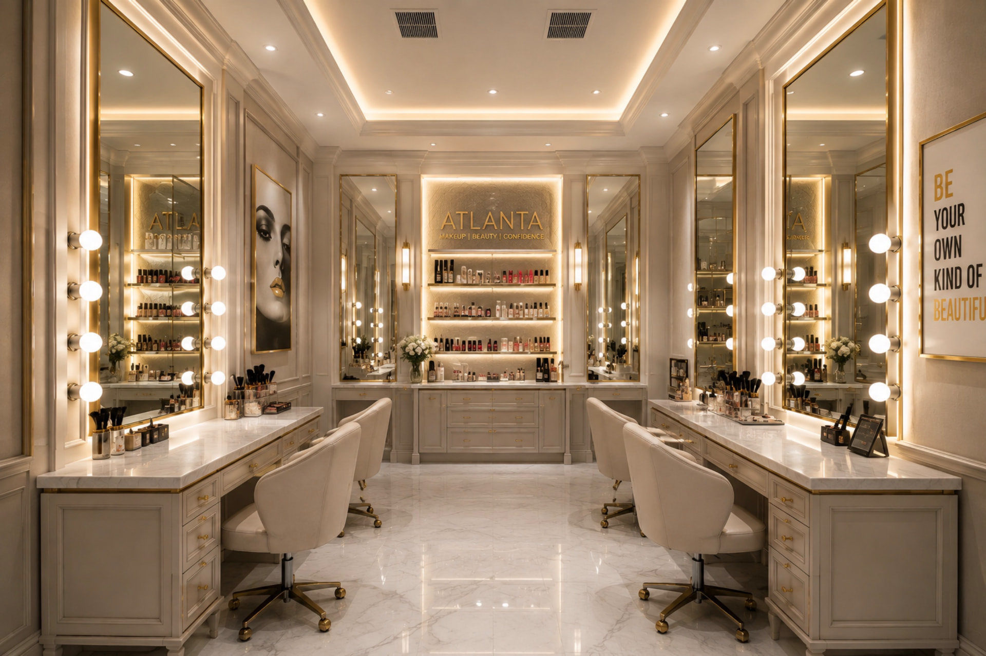 Luxury makeup studio with gold-framed illuminated mirrors, marble vanities and backlit retail shelving