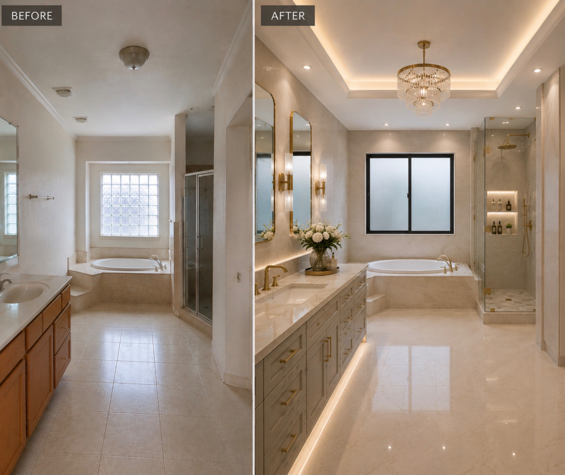 Pembroke Pines master bathroom remodel before and after split view showing transformation from dated built-in tub to luxurious marble spa bathroom