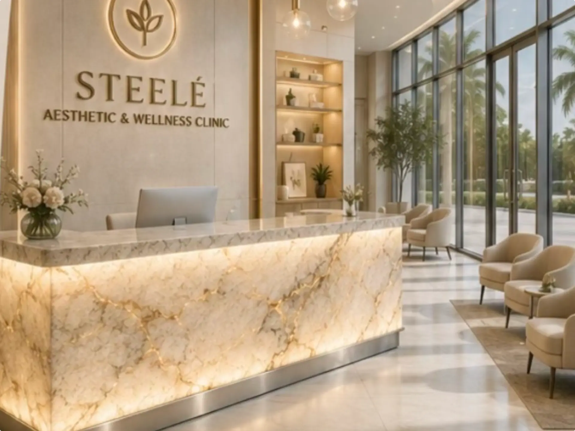 Aesthetic and wellness clinic lobby with backlit onyx reception desk and palm views