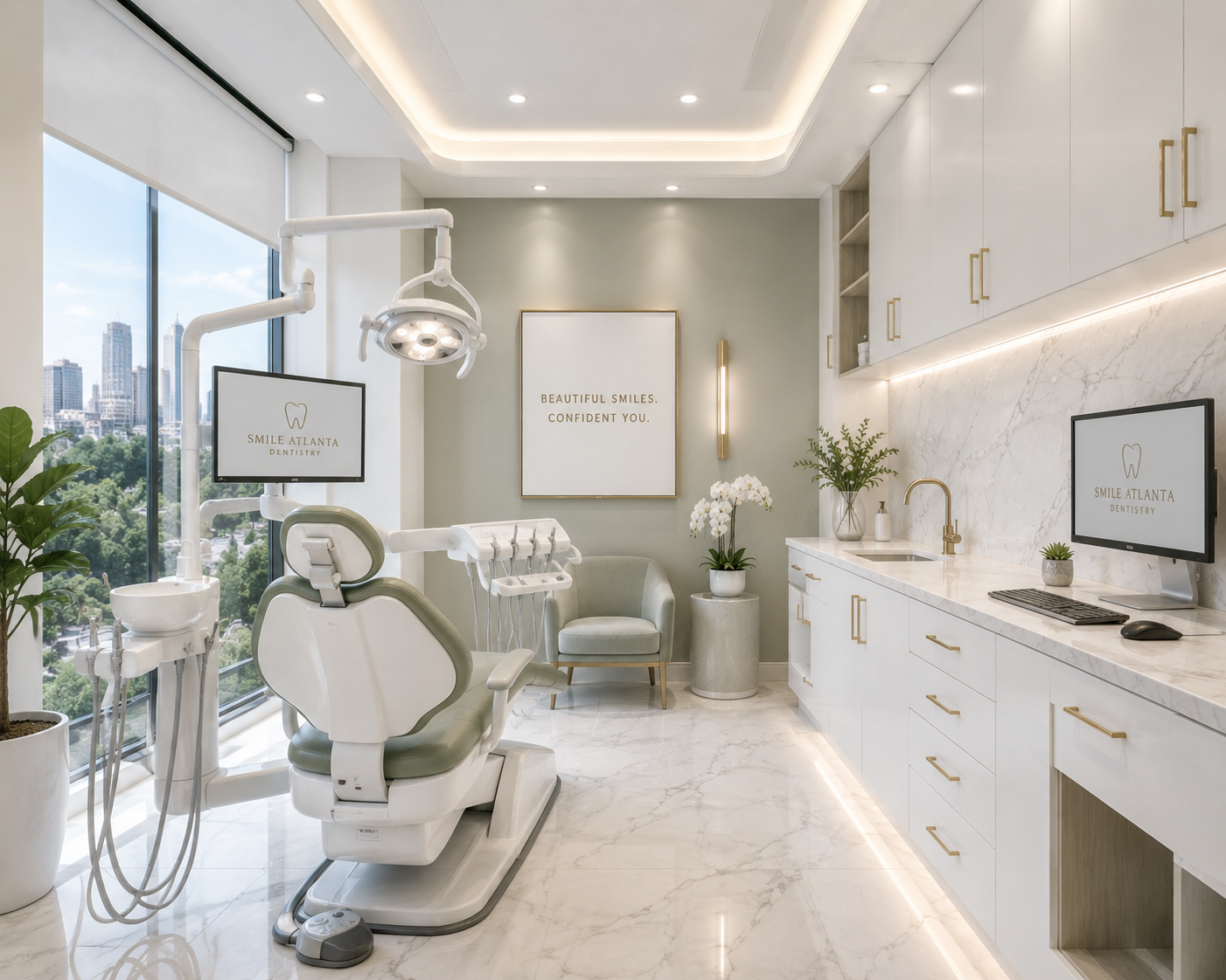 Dental operatory with sage feature wall, marble backsplash and city view