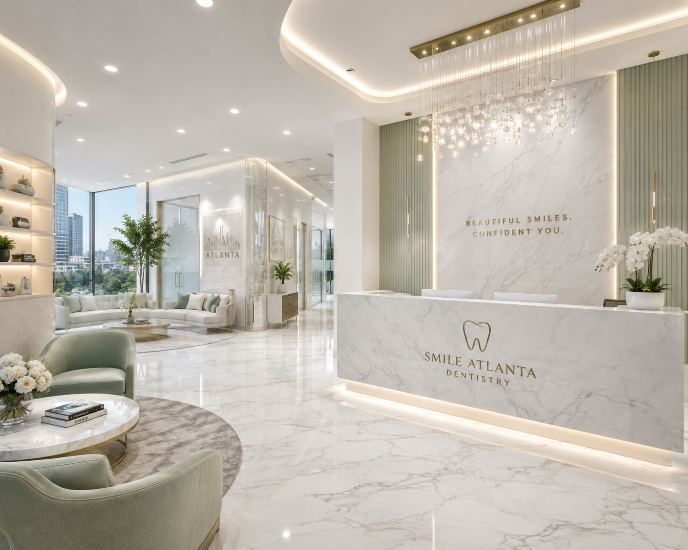Dental clinic lobby with marble reception desk, fluted sage panels and crystal chandelier
