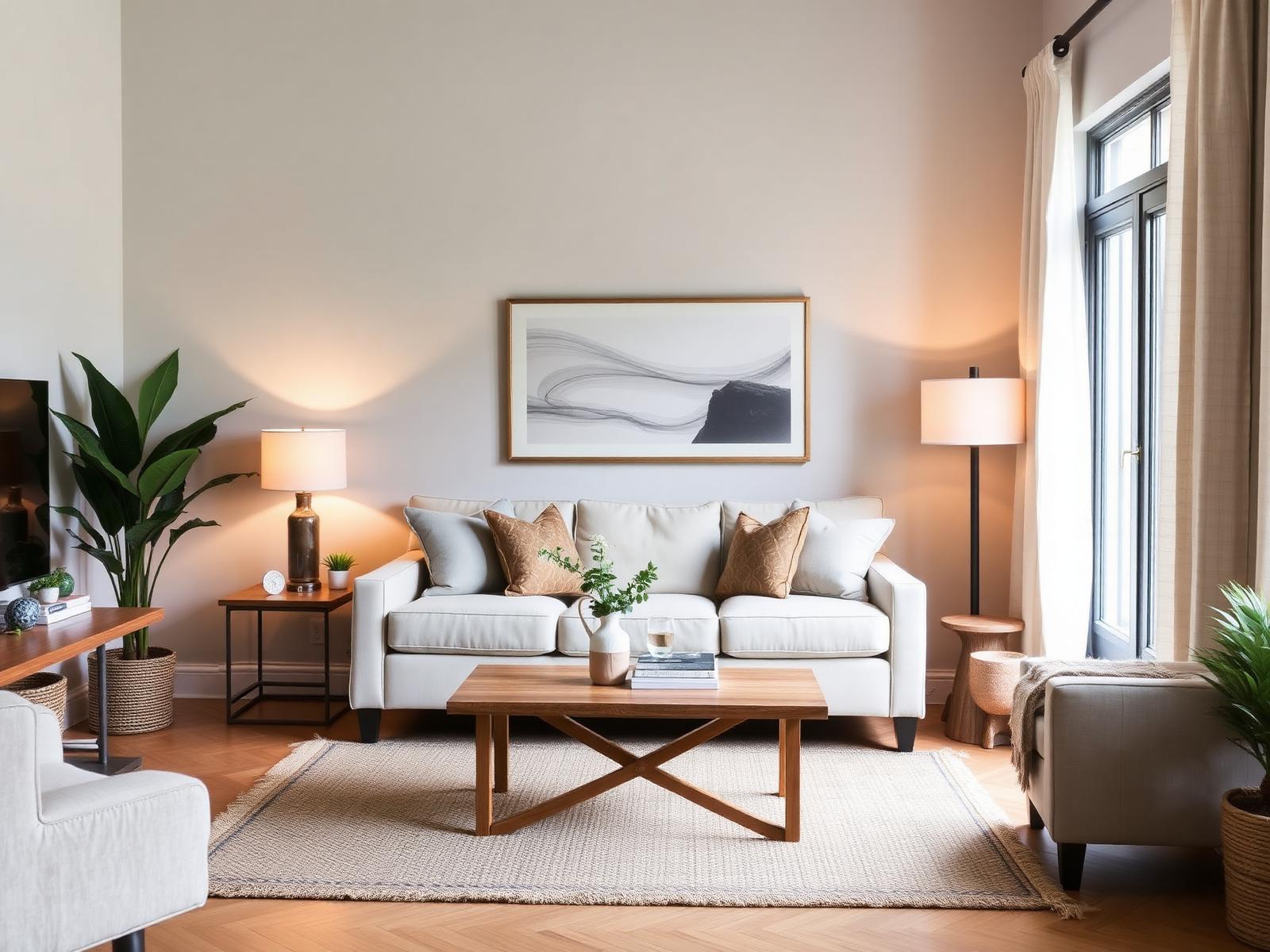 Warm attainable living room with neutral sofa, wood table, linen curtains and art
