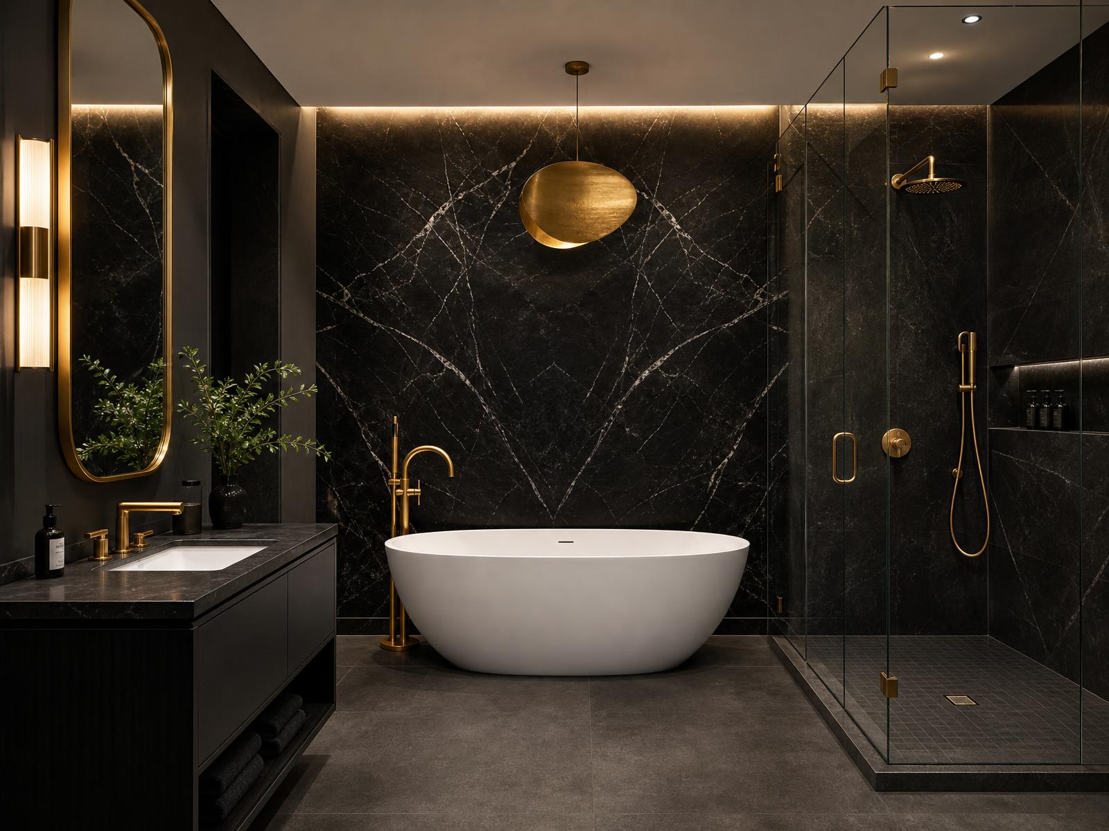 Black marble bathroom with brass fixtures and sculptural lighting