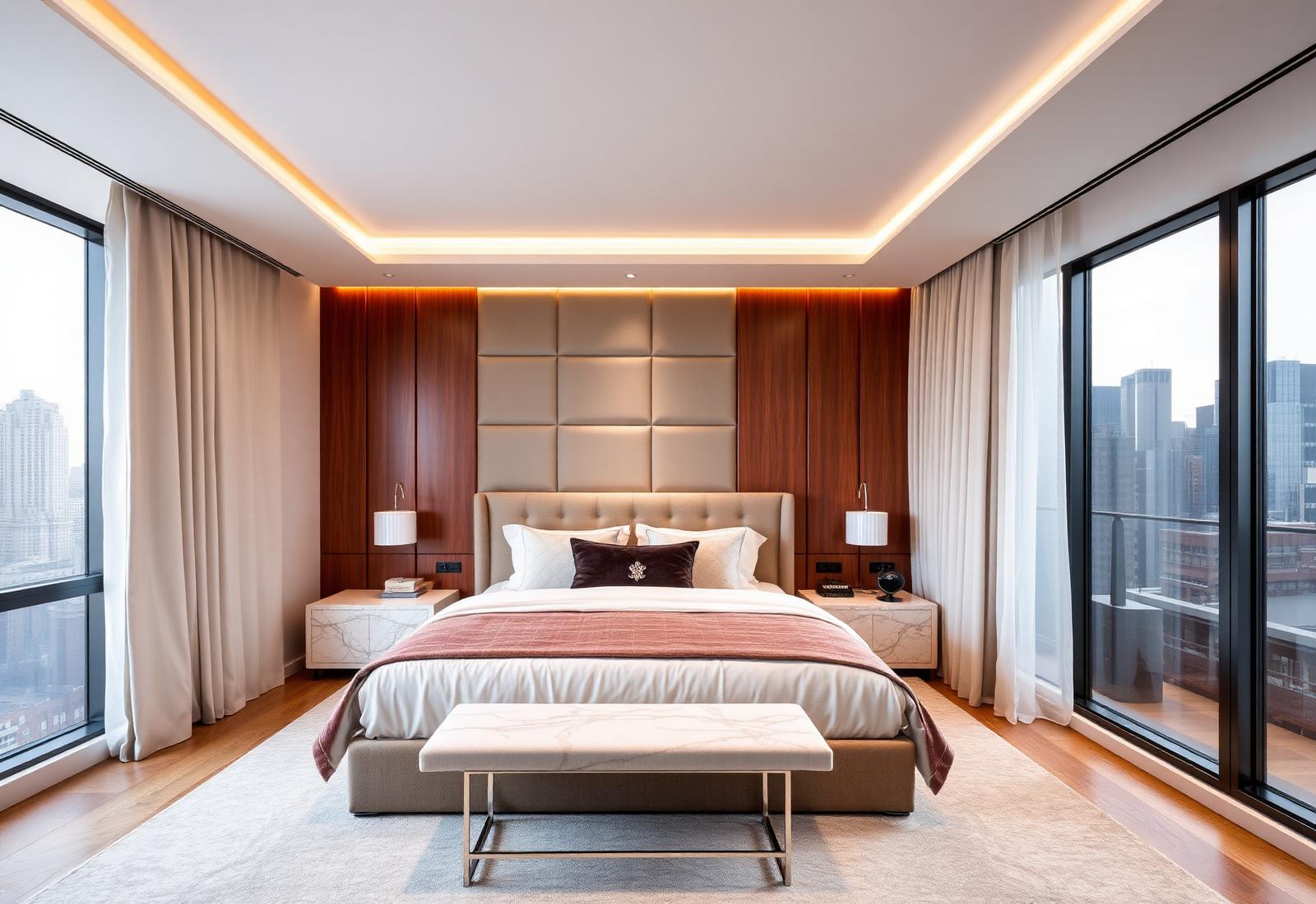Luxury primary bedroom with upholstered feature wall and wood paneling