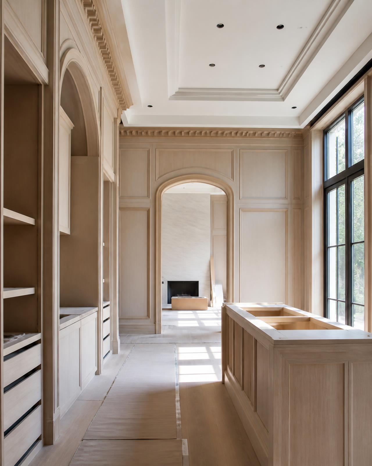 High-end interior construction and custom millwork installation in progress