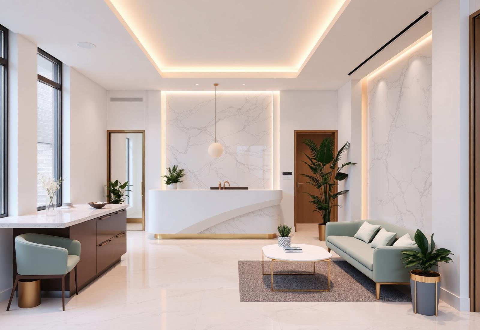 Luxury dental clinic reception in white, sage and marble
