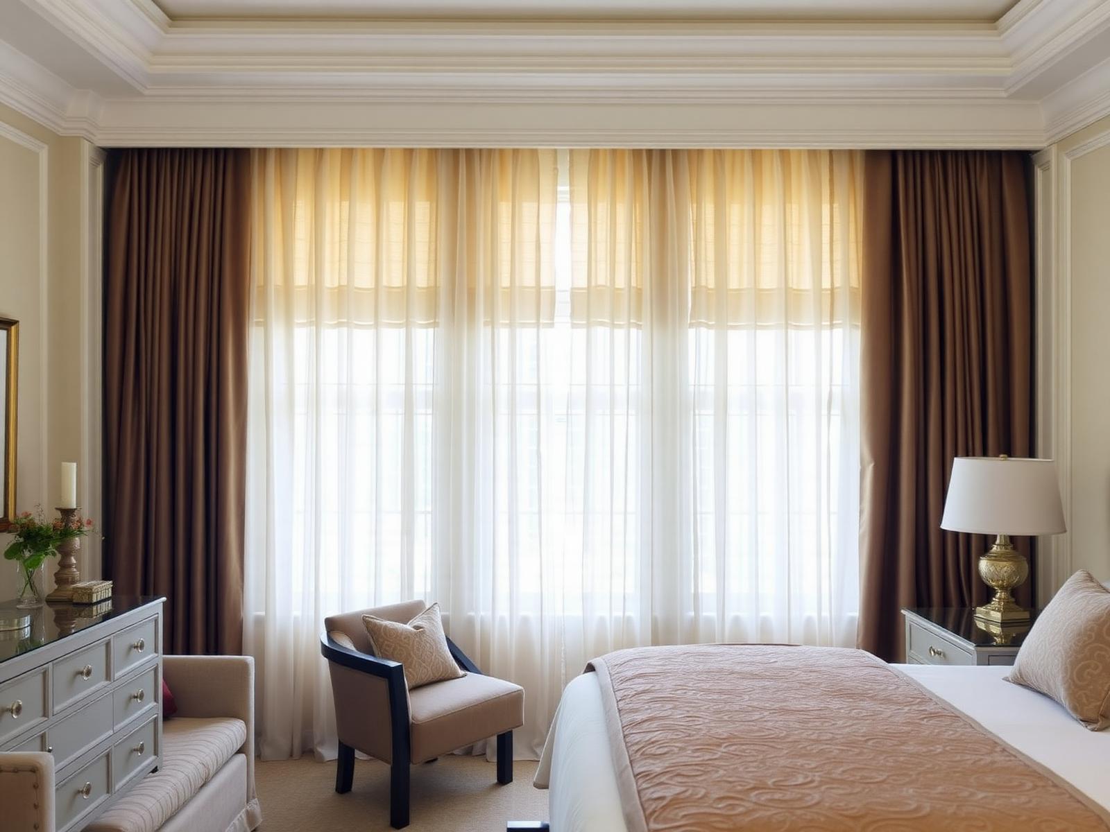 Primary bedroom with layered sheer curtains and heavier drapery panels