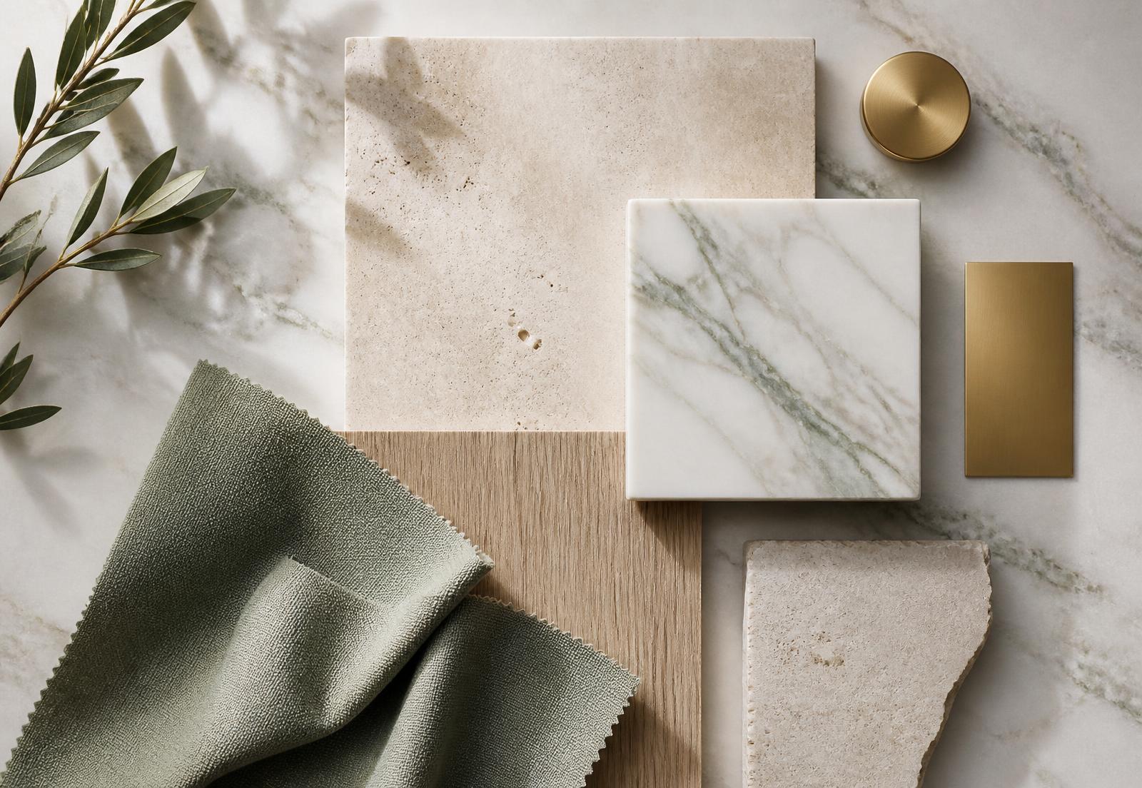 Marble, travertine, oak, sage textile and champagne gold material specification palette