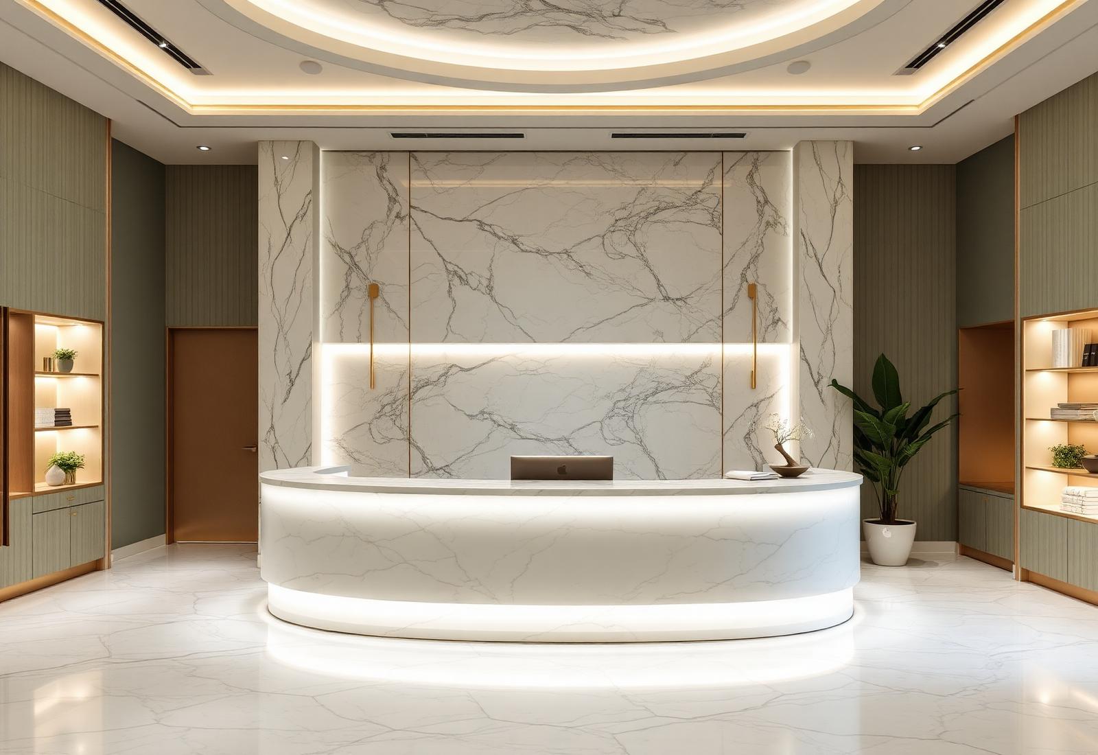 Luxury med spa reception with curved backlit marble desk and sage millwork