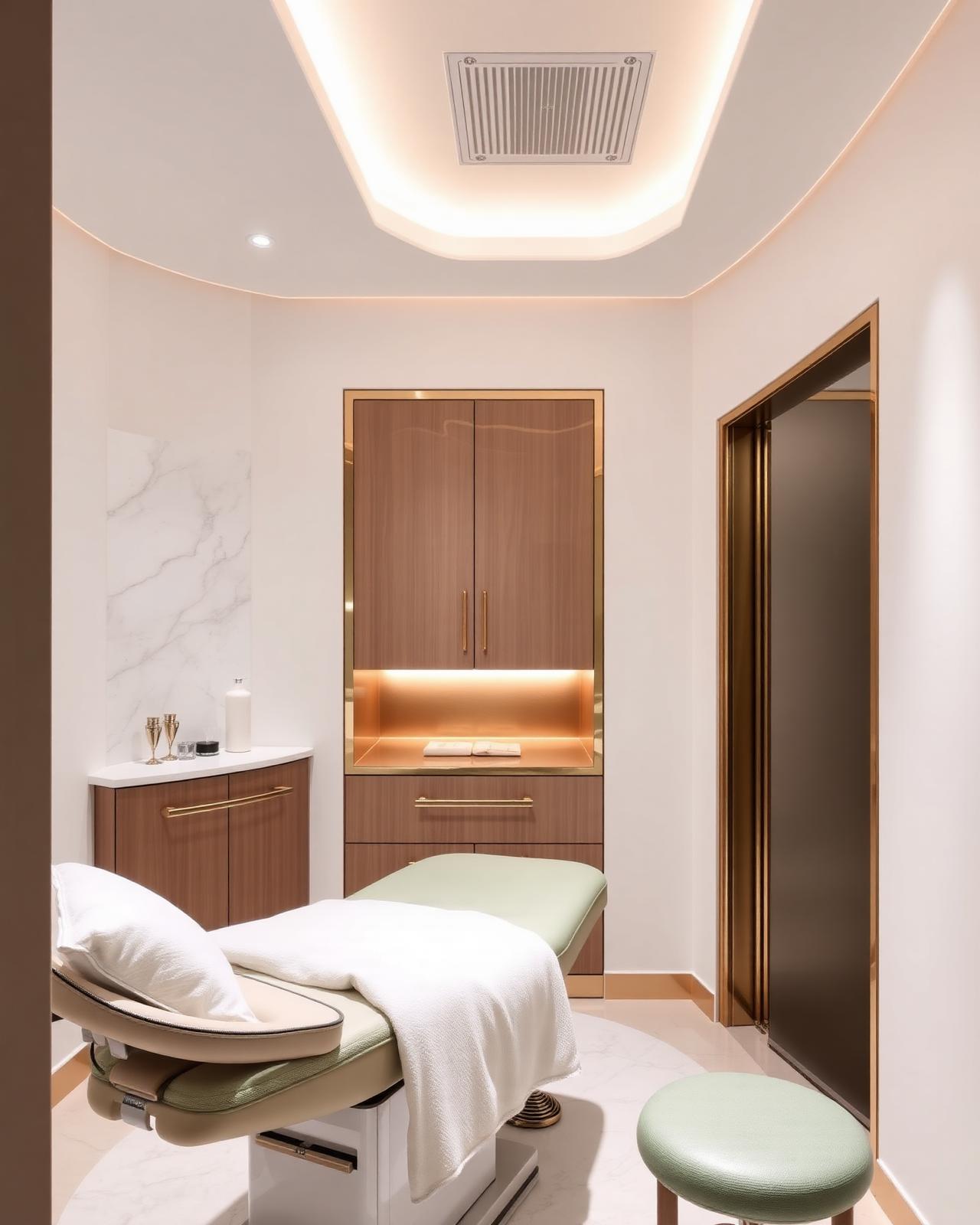 Med spa treatment room with integrated cabinetry and warm indirect lighting
