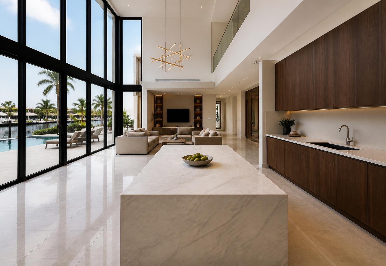 Double height open concept living kitchen and dining with marble island