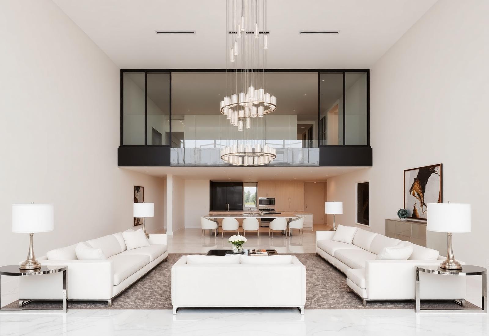 Open plan living and dining in white and beige with chrome accents