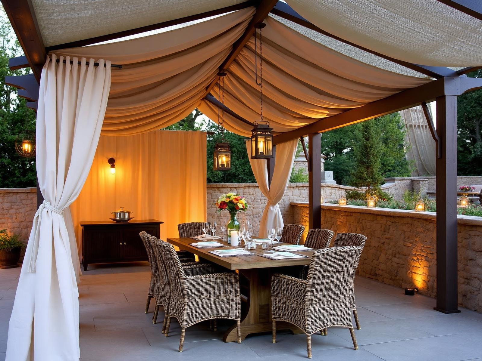 Covered outdoor dining terrace with natural linen drapery and hanging lanterns