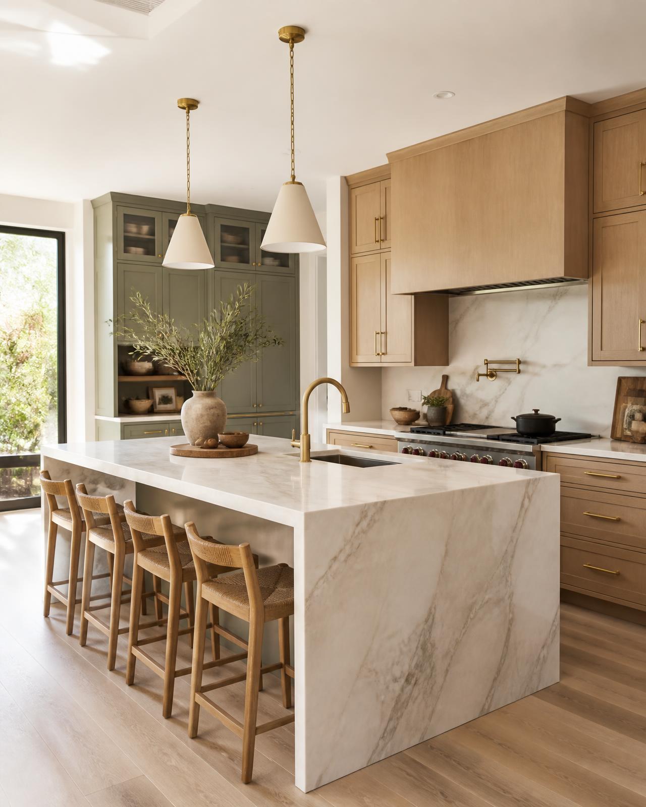 Luxury residential interior with marble island, oak millwork and sage green cabinetry