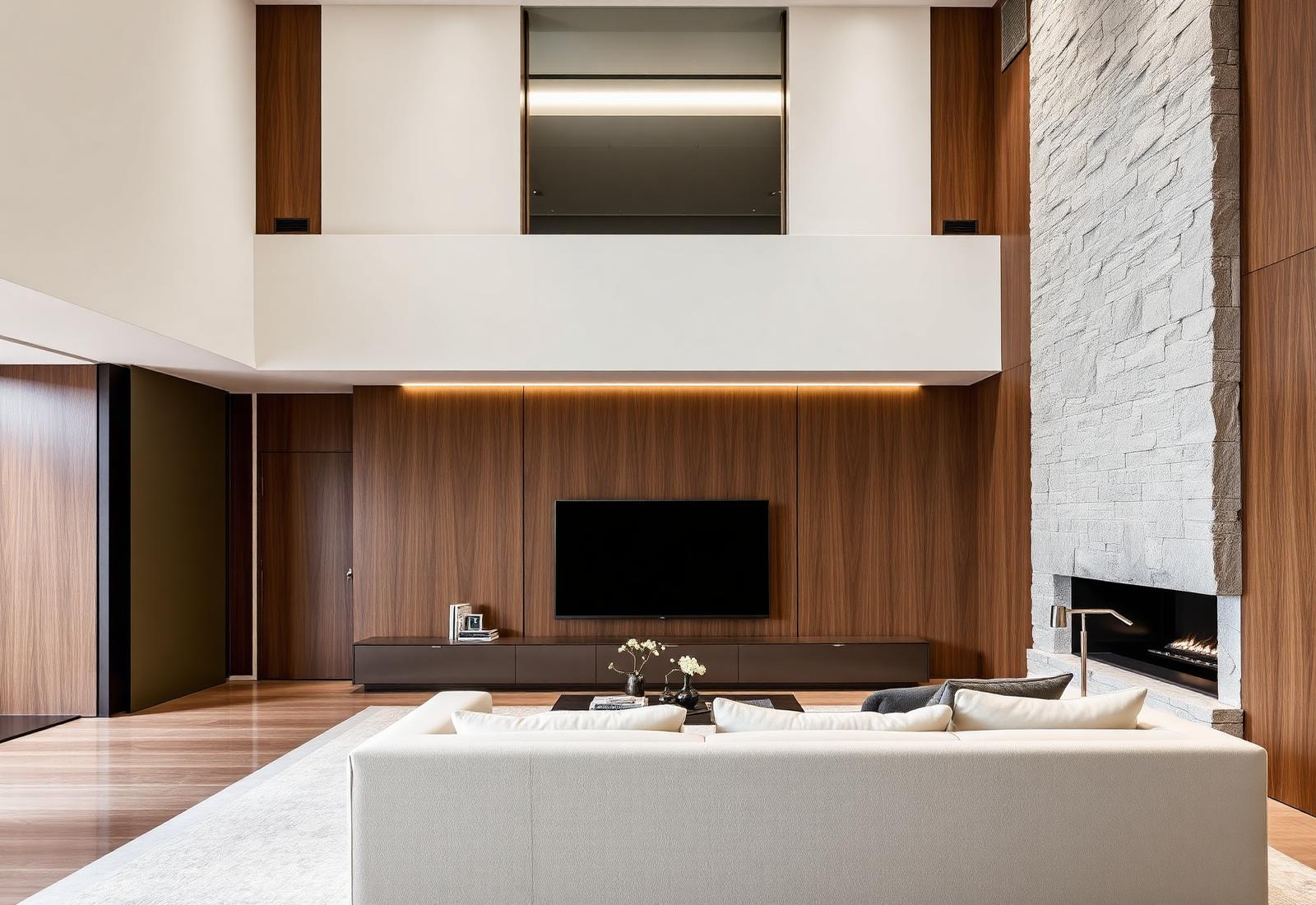 Modern Italian interior with bookmatched stone and walnut veneer