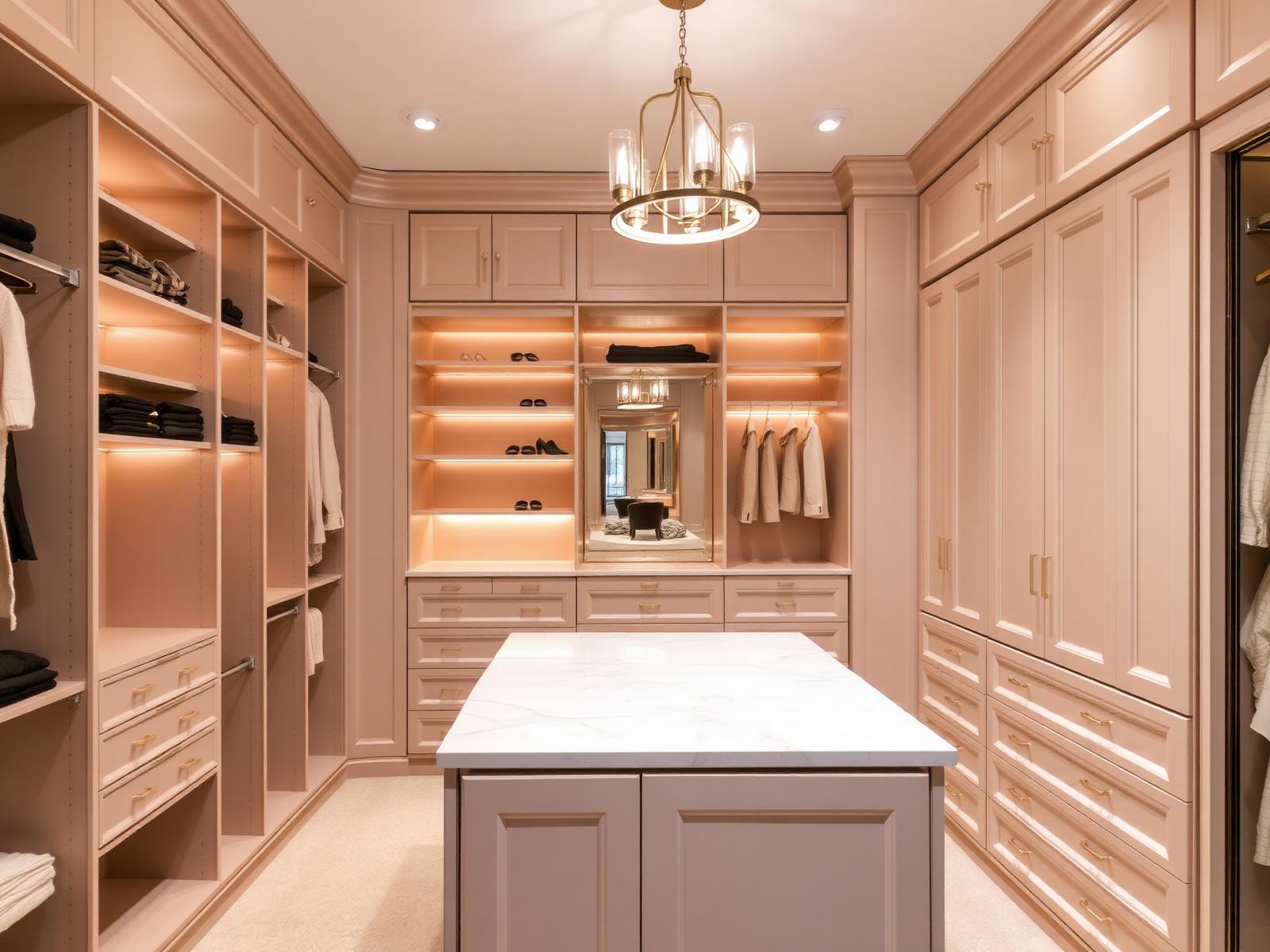 Luxury dressing room with lit shelving, island and curved mirror in blush tones