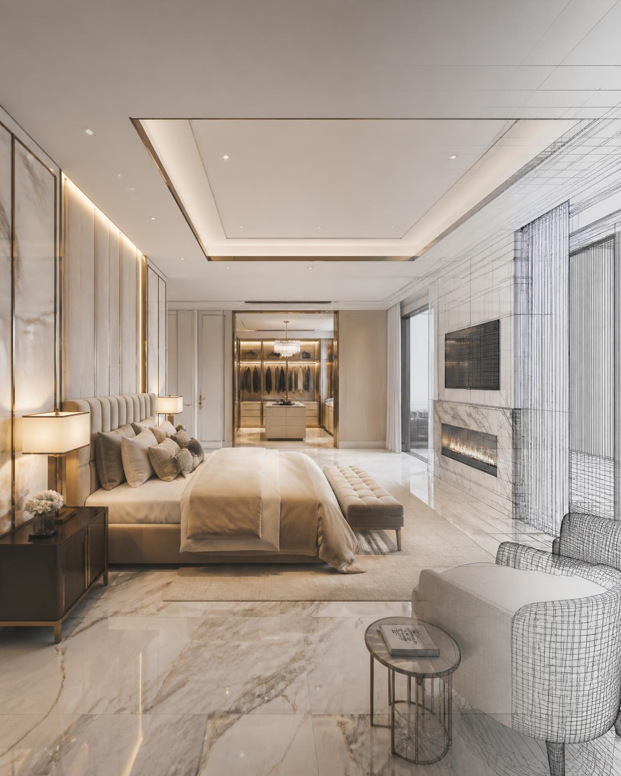 Photorealistic 3D interior rendering of a primary suite with CAD wireframe overlay