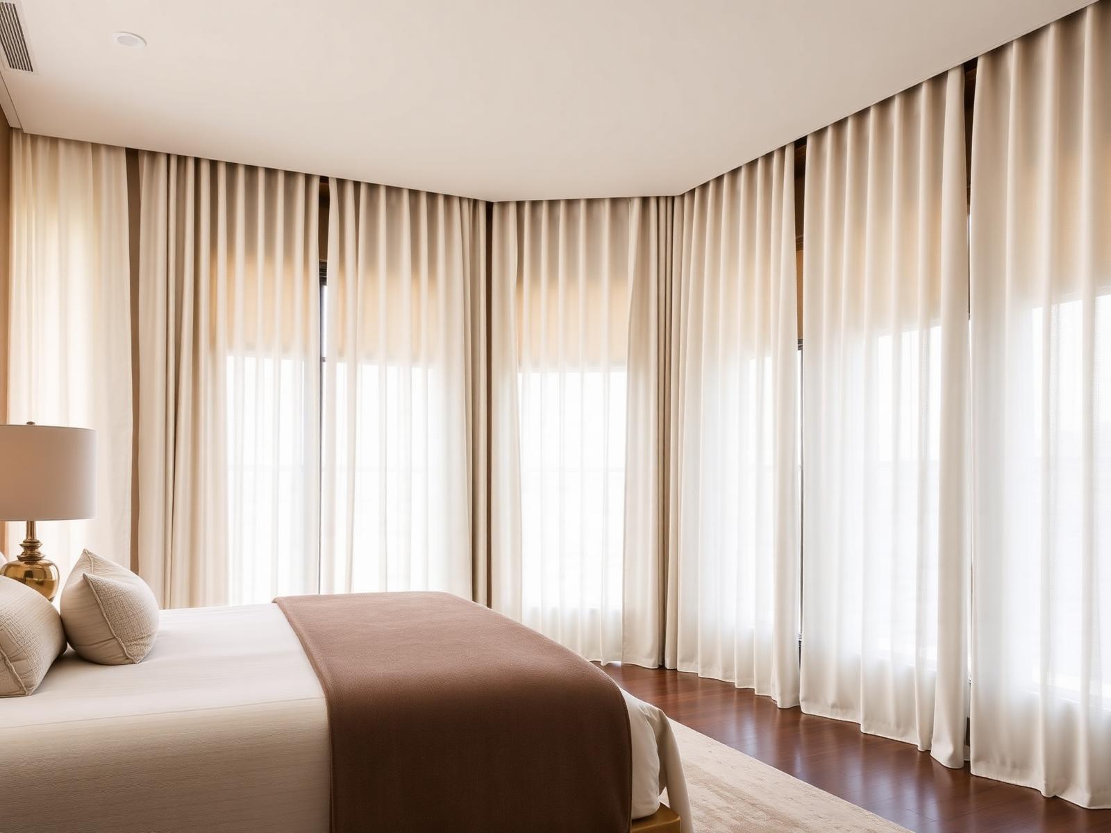 Bedroom with layered blackout drapery and decorative sheers