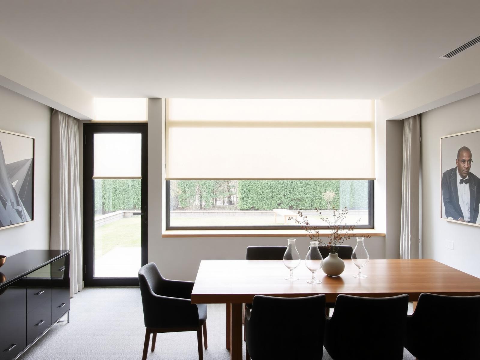 Contemporary dining room with architectural roller shades and minimal panels