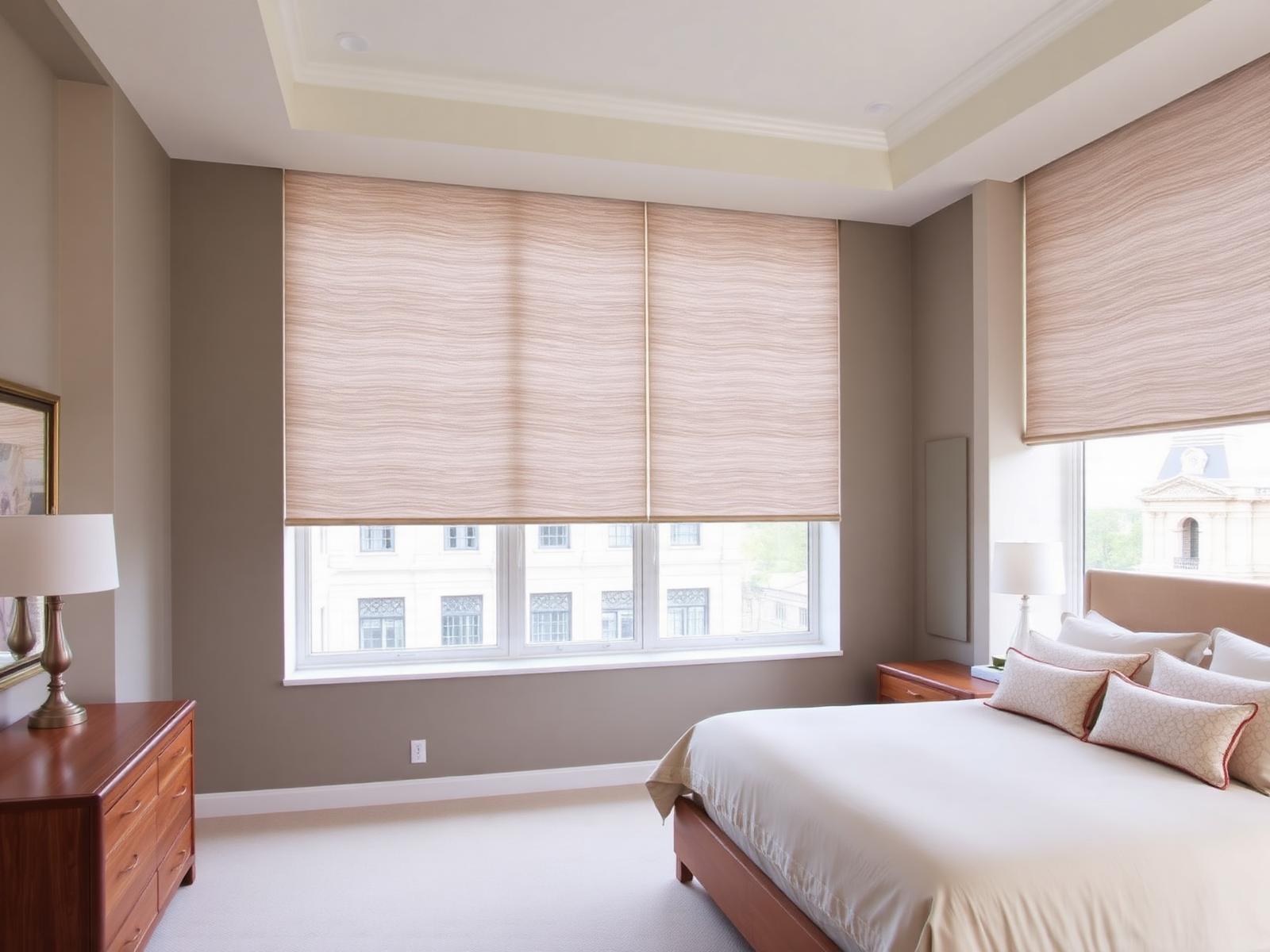 Contemporary bedroom with light neutral zebra shades on large windows